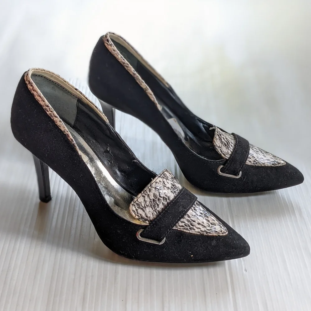 SV VERA WANG Oxen Black Suede Snakeskin Toe Heeled Pumps size 6